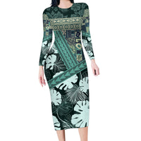 Hawaii Plant Kalo Family Matching Long Sleeve Bodycon Dress and Hawaiian Shirt Hawaiian Tapa Pattern LT05 Mom's Dress Green - Polynesian Pride