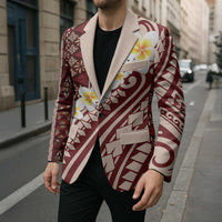 Red Vintage Tonga Ngatu Pattern With Plumeria Blazer - Polynesian Pride