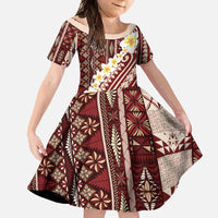 Red Vintage Tonga Ngatu Pattern With Plumeria Family Matching Off Shoulder Maxi Dress and Hawaiian Shirt - Polynesian Pride