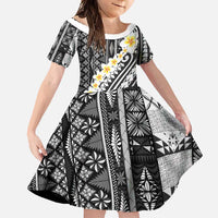 Black Vintage Tonga Ngatu Pattern With Plumeria Family Matching Long Sleeve Bodycon Dress and Hawaiian Shirt LT05 Daughter's Dress Black - Polynesian Pride