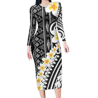Black Vintage Tonga Ngatu Pattern With Plumeria Family Matching Long Sleeve Bodycon Dress and Hawaiian Shirt LT05 Mom's Dress Black - Polynesian Pride