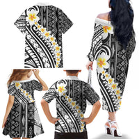 Black Vintage Tonga Ngatu Pattern With Plumeria Family Matching Off The Shoulder Long Sleeve Dress and Hawaiian Shirt LT05 - Polynesian Pride