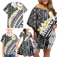 Black Vintage Tonga Ngatu Pattern With Plumeria Family Matching Off Shoulder Short Dress and Hawaiian Shirt LT05 - Polynesian Pride