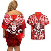 Hawaii Goddess Of Fire Madame Pele Couples Matching Off Shoulder Short Dress and Hawaiian Shirt Polynesian Style LT05 - Polynesian Pride
