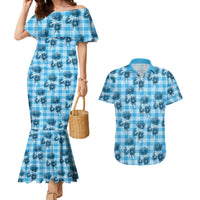 Blue Palaka Hawaii Couples Matching Mermaid Dress and Hawaiian Shirt Hawaiian Lehua Blossoms
