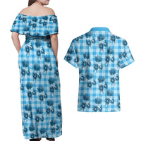 Blue Palaka Hawaii Couples Matching Off Shoulder Maxi Dress and Hawaiian Shirt Hawaiian Lehua Blossoms