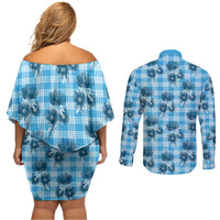 Blue Palaka Hawaii Couples Matching Off Shoulder Short Dress and Long Sleeve Button Shirt Hawaiian Lehua Blossoms LT05 - Polynesian Pride