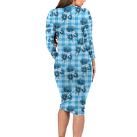 Blue Palaka Hawaii Family Matching Long Sleeve Bodycon Dress and Hawaiian Shirt Hawaiian Lehua Blossoms LT05 - Polynesian Pride