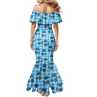 Blue Palaka Hawaii Mermaid Dress Hawaiian Lehua Blossoms