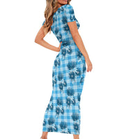 Blue Palaka Hawaii Short Sleeve Bodycon Dress Hawaiian Lehua Blossoms