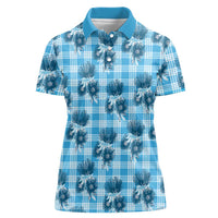 Blue Palaka Hawaii Women Polo Shirt Hawaiian Lehua Blossoms