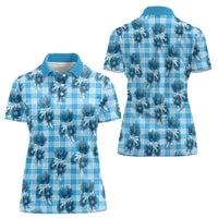 Blue Palaka Hawaii Women Polo Shirt Hawaiian Lehua Blossoms