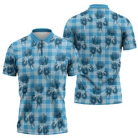 Blue Palaka Hawaii Zipper Polo Shirt Hawaiian Lehua Blossoms