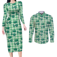 Green Palaka Hawaii Couples Matching Long Sleeve Bodycon Dress and Long Sleeve Button Shirt Hawaiian Lehua Blossoms