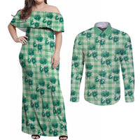 Green Palaka Hawaii Couples Matching Off Shoulder Maxi Dress and Long Sleeve Button Shirt Hawaiian Lehua Blossoms