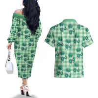 Green Palaka Hawaii Couples Matching Off The Shoulder Long Sleeve Dress and Hawaiian Shirt Hawaiian Lehua Blossoms LT05 - Polynesian Pride