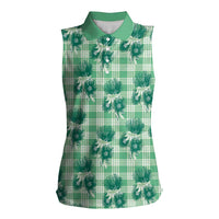 Green Palaka Hawaii Women Sleeveless Polo Shirt Hawaiian Lehua Blossoms