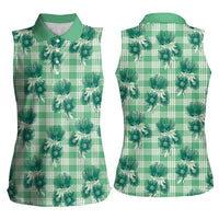 Green Palaka Hawaii Women Sleeveless Polo Shirt Hawaiian Lehua Blossoms