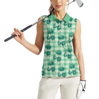 Green Palaka Hawaii Women Sleeveless Polo Shirt Hawaiian Lehua Blossoms