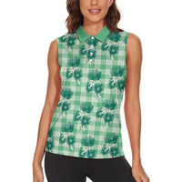 Green Palaka Hawaii Women Sleeveless Polo Shirt Hawaiian Lehua Blossoms