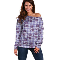 Purple Palaka Hawaii Off Shoulder Sweater Hawaiian Lehua Blossoms