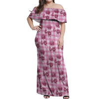 Pink Palaka Hawaii Off Shoulder Maxi Dress Hawaiian Lehua Blossoms