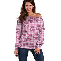 Pink Palaka Hawaii Off Shoulder Sweater Hawaiian Lehua Blossoms