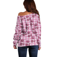 Pink Palaka Hawaii Off Shoulder Sweater Hawaiian Lehua Blossoms