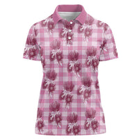 Pink Palaka Hawaii Women Polo Shirt Hawaiian Lehua Blossoms