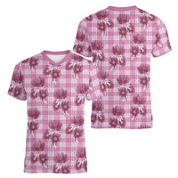 Pink Palaka Hawaii Women V-Neck T-Shirt Hawaiian Lehua Blossoms
