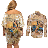 Aloha Hawaii Biker Couples Matching Off Shoulder Short Dress and Long Sleeve Button Shirt Ride To Paradise