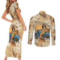 Aloha Hawaii Biker Couples Matching Short Sleeve Bodycon Dress and Long Sleeve Button Shirt Ride To Paradise