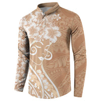 Polynesian Women's Day Button Sweatshirt Brown Hibiscus Flowers With Polynesian Pattern