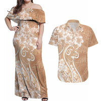 Polynesian Women's Day Couples Matching Off Shoulder Maxi Dress and Hawaiian Shirt Brown Hibiscus Flowers With Polynesian Pattern