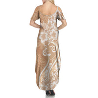 Polynesian Women's Day Family Matching Summer Maxi Dress and Hawaiian Shirt Brown Hibiscus Flowers With Polynesian Pattern