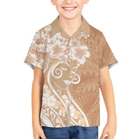 Polynesian Women's Day Kid Hawaiian Shirt Brown Hibiscus Flowers With Polynesian Pattern