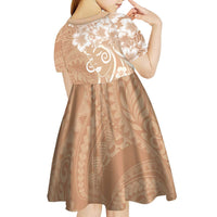 Polynesian Women's Day Kid Short Sleeve Dress Brown Hibiscus Flowers With Polynesian Pattern