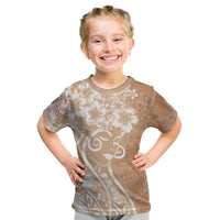 Polynesian Women's Day Kid T Shirt Brown Hibiscus Flowers With Polynesian Pattern