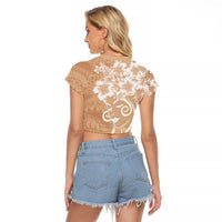 Polynesian Women's Day Raglan Cropped T Shirt Brown Hibiscus Flowers With Polynesian Pattern