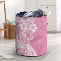 Polynesian Women's Day Laundry Basket Pink Hibiscus Flowers With Polynesian Pattern