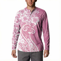 Polynesian Women's Day Button Sweatshirt Pink Hibiscus Flowers With Polynesian Pattern