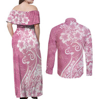 Polynesian Women's Day Couples Matching Off Shoulder Maxi Dress and Long Sleeve Button Shirt Pink Hibiscus Flowers With Polynesian Pattern