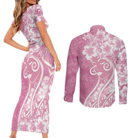 Polynesian Women's Day Couples Matching Short Sleeve Bodycon Dress and Long Sleeve Button Shirt Pink Hibiscus Flowers With Polynesian Pattern