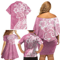 Polynesian Women's Day Family Matching Off Shoulder Short Dress and Hawaiian Shirt Pink Hibiscus Flowers With Polynesian Pattern LT05 - Polynesian Pride