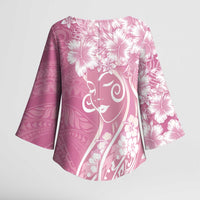 Polynesian Women's Day Kimono Sleeve Blouse Pink Hibiscus Flowers With Polynesian Pattern