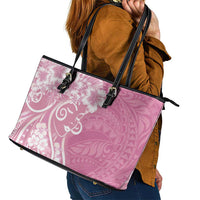 Polynesian Women's Day Leather Tote Bag Pink Hibiscus Flowers With Polynesian Pattern