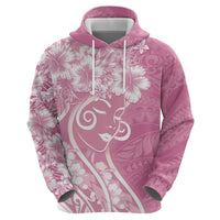 Polynesian Women's Day Zip Hoodie Pink Hibiscus Flowers With Polynesian Pattern