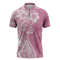 Polynesian Women's Day Zipper Polo Shirt Pink Hibiscus Flowers With Polynesian Pattern