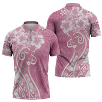 Polynesian Women's Day Zipper Polo Shirt Pink Hibiscus Flowers With Polynesian Pattern