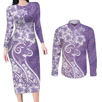 Polynesian Women's Day Couples Matching Long Sleeve Bodycon Dress and Long Sleeve Button Shirt Purple Hibiscus Flowers With Polynesian Pattern